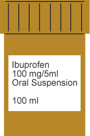 Drug dosage calculation for ibuprofen 100 mg/5ml oral suspension Calculating drug dosage from available stock (100 mg/5ml ibuprofen oral suspension)